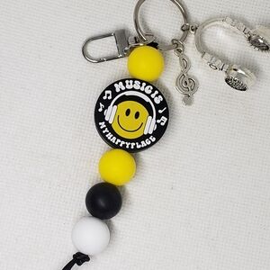 Handmade Silicone Focal Beaded Smiley Face Music is My Happy Place Keychain